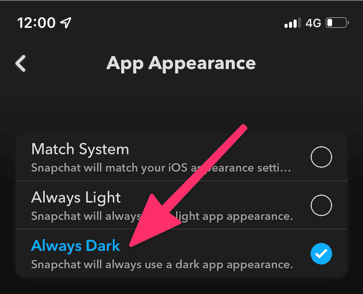 choisissez toujours sombre dans Snapchat