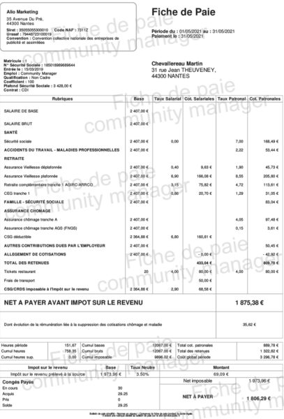 exemple d'un fiche de paye d'un consultant seo