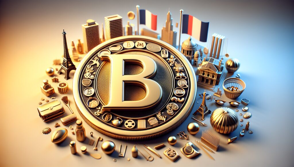 Marque Française en B : Golden coin with embossed letter 'B', surrounded by iconic French brand products and logos, Parisian streets in background.