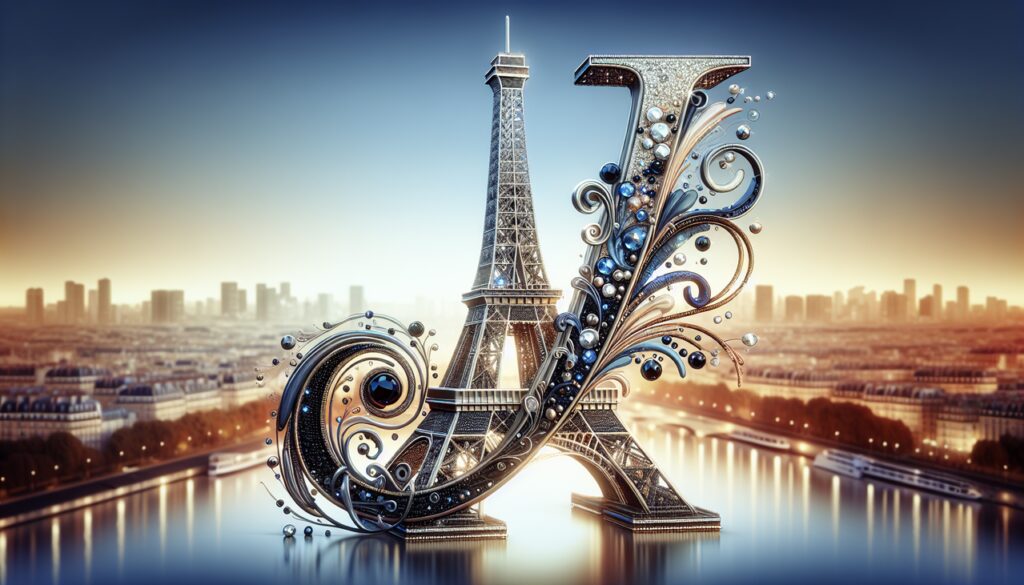 Marque Française en J, Tour Eiffel centrale en métal brillant avec le J en gemmes encrustées, entourée de haute couture.