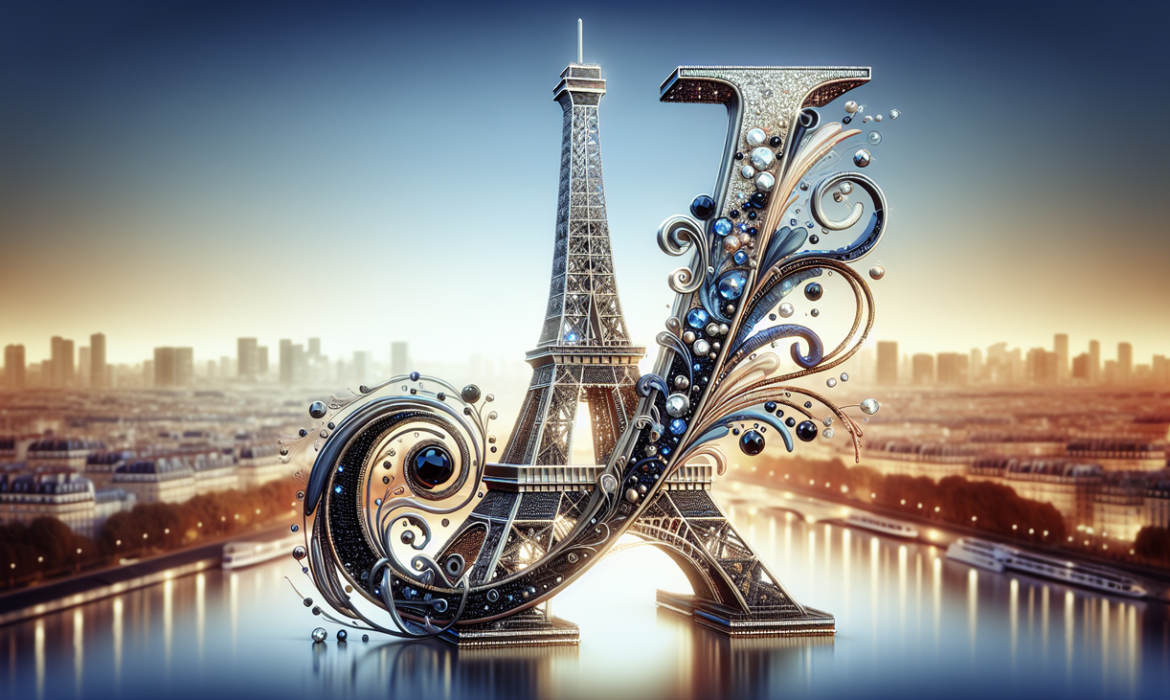 Marque Française en J, Tour Eiffel centrale en métal brillant avec le J en gemmes encrustées, entourée de haute couture.