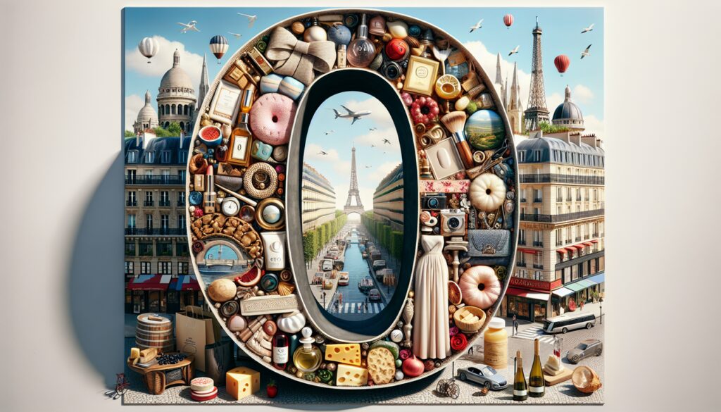 Marque française en O - Montage élégant de symboles et produits français pour une composition raffinée.