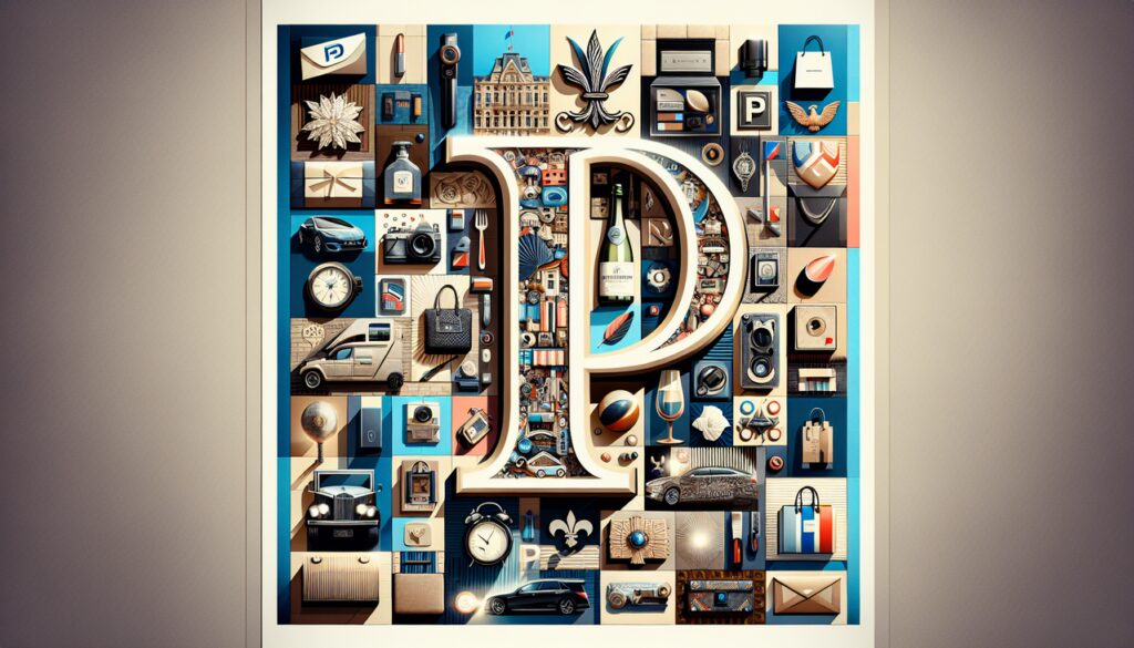 Marque Française en P, Top 20, logos produits emblématiques, style collage, ambiance luxueuse.