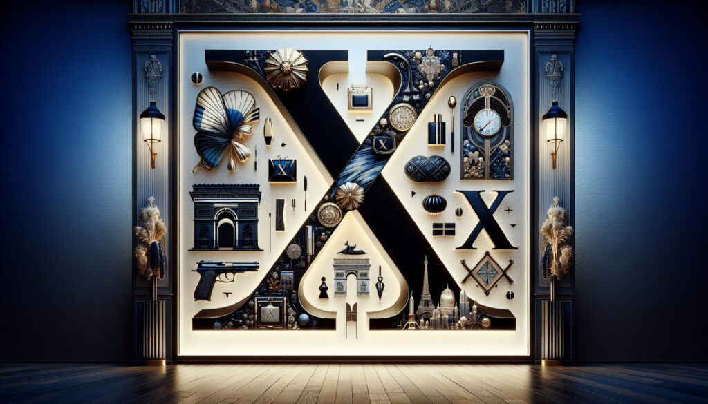 Marque française en X : Luxe et raffinement avec la lettre "X" intégrée dans un décor français glamour.