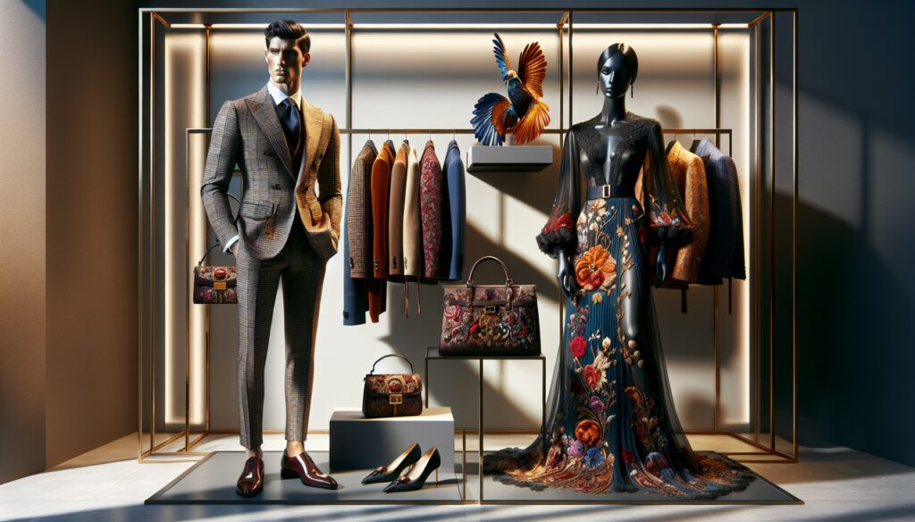 Marque vêtement en F, mannequins homme et femme stylisés, accessoires chics, ambiance boutique luxe.