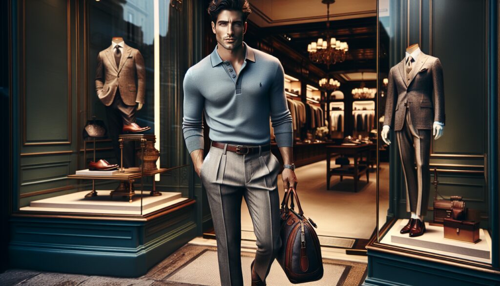 Marque de vêtement en L : Modèle élégant dans un décor luxueux, portant des vêtements Lacoste, Lancel, Lanvin et Louboutin.