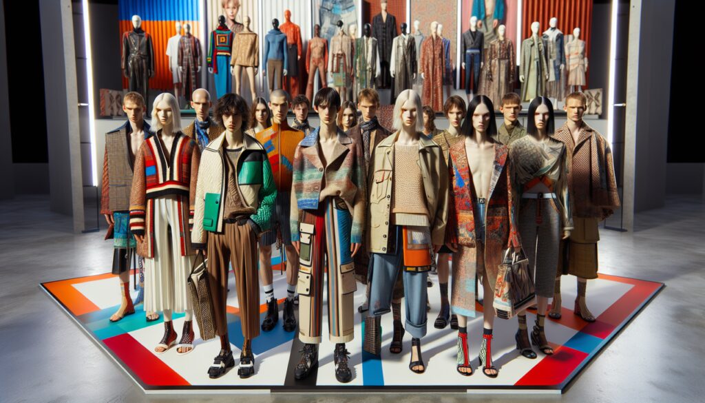 Marque de vêtement en P à la mode, différents modèles arborant des tenues haute couture de marques renommées comme Paco Rabanne, Prada et Pierre Cardin. Scène élégante et lumineuse mettant en valeur les textiles et couleurs des vêtements.