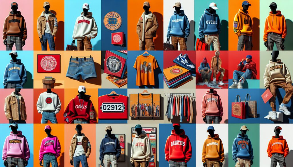 Montage mode avec logos marques Q, diversité des styles, textures et détails, couleurs vives, ambiance élégante.