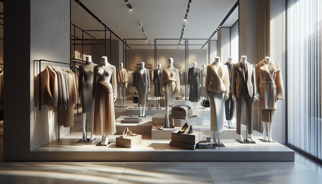 Collection de vêtements de marques S françaises (Sézane, Sandro, The Kooples) sur mannequins en magasin haut de gamme.