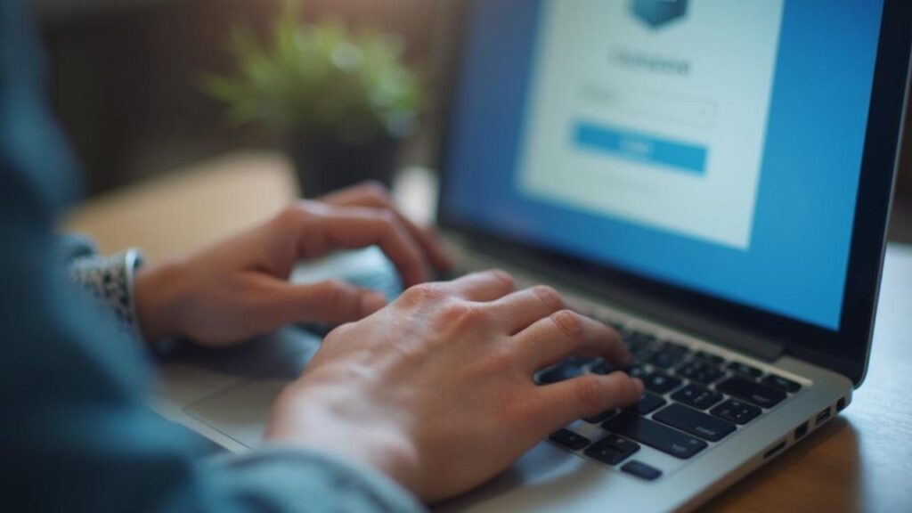 Mains tapant sur un clavier d'ordinateur portable dans un bureau