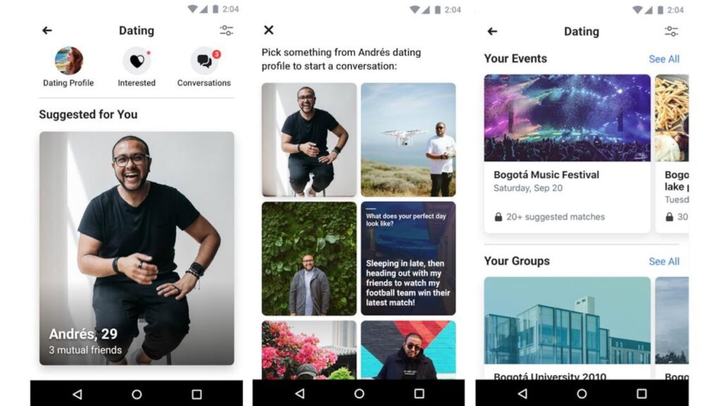 Vue d'ensemble de l'interface Facebook Rencontres montrant comment le service fonctionne.