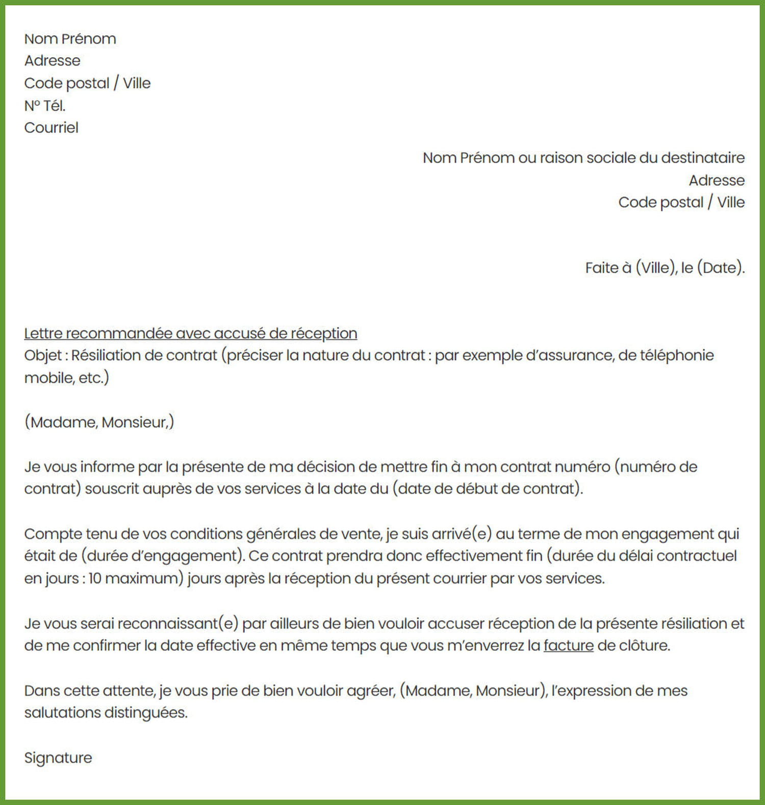 Lettre de résiliation France Travail