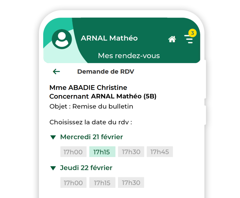 Vue d'une interface mobile de Pronote montrant des rendez-vous, idéale pour illustrer l'accès en ligne à Pronote91