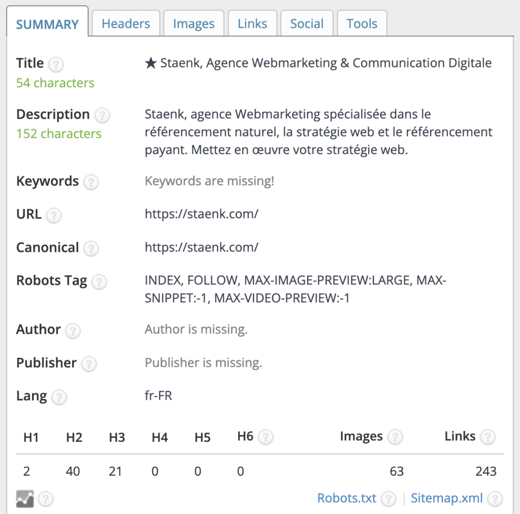 Vue de l'extension Detailed SEO sur Chrome avec ses métriques accessibles en un clic