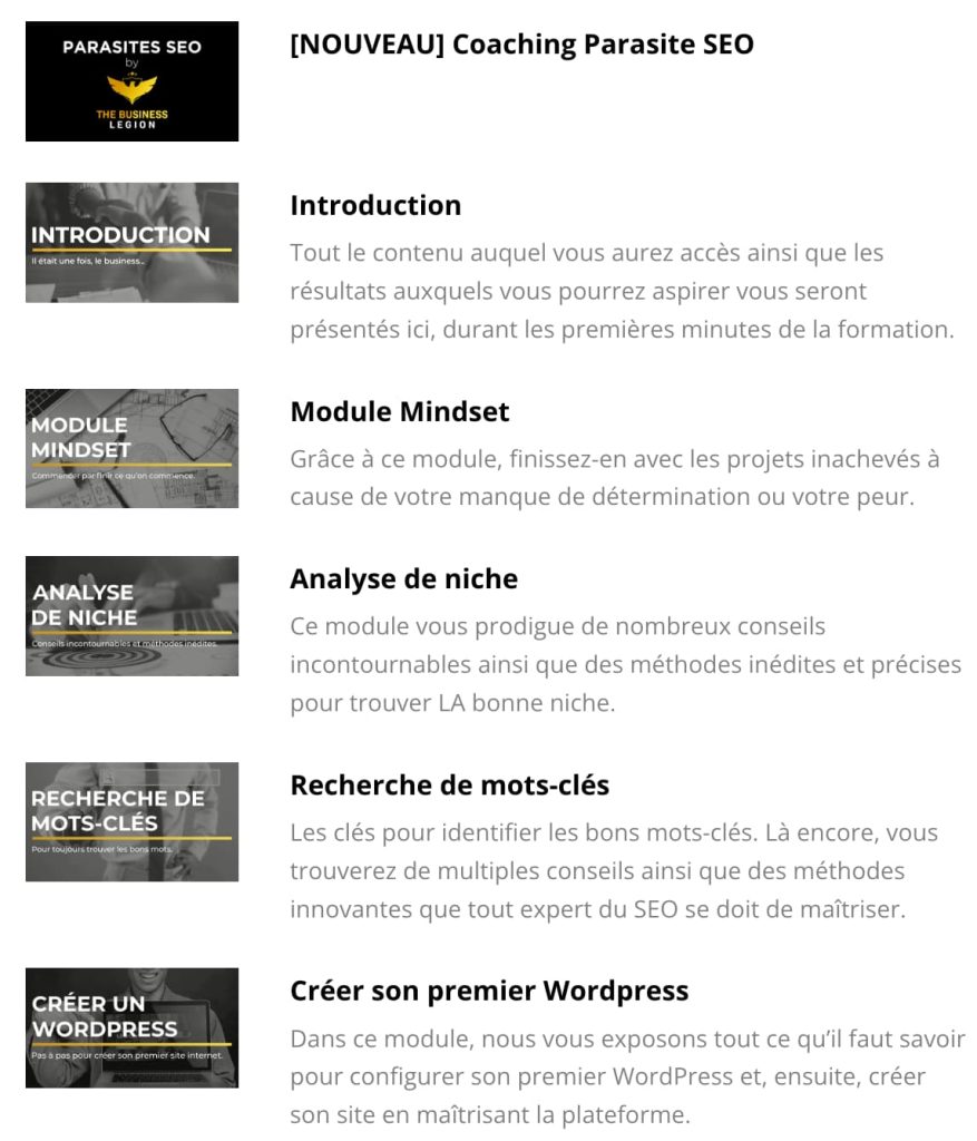 Modules de la formation SEO de Romain Pirotte