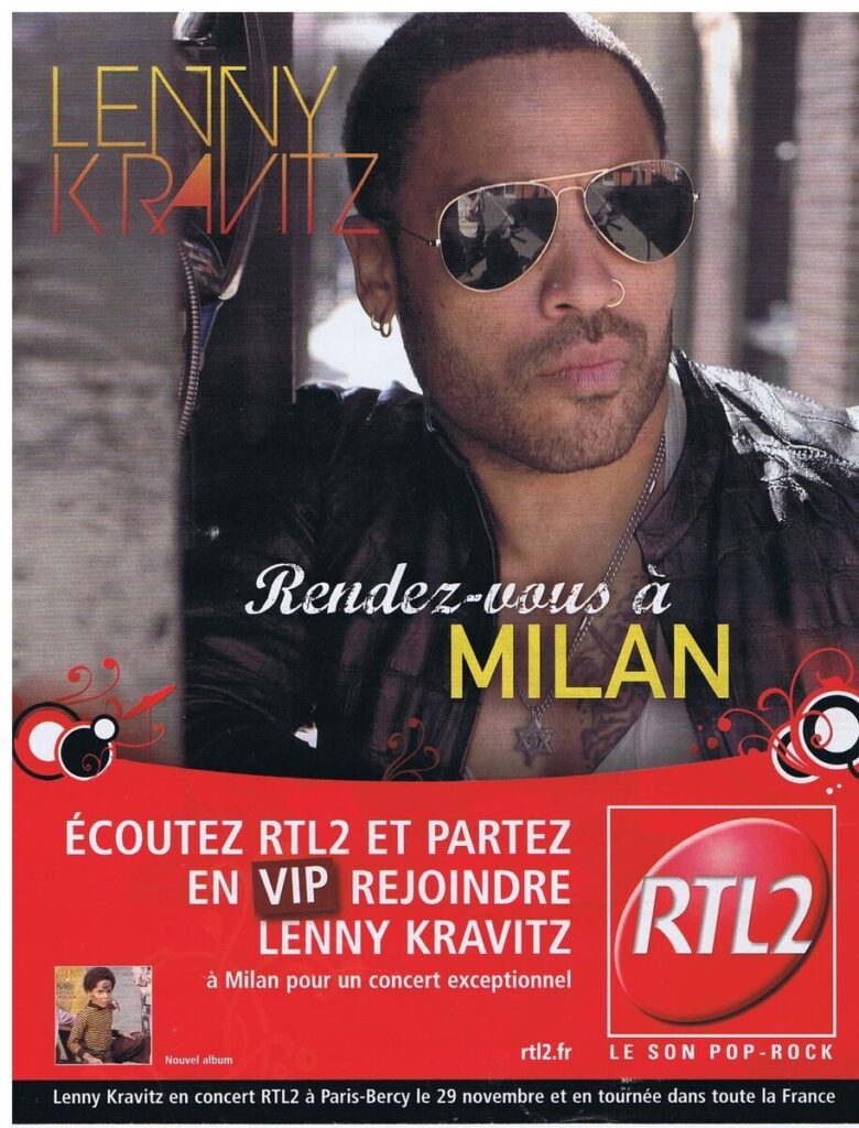 Affiche publicitaire RTL2 avec Lenny Kravitz, illustrant le style musical et l’impact des campagnes radio