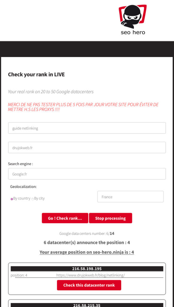 Aperçu de l’interface de SEO Hero Ninja, un outil SEO gratuit et performant
