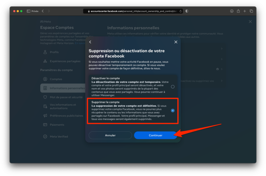 suppression definitive compte facebook ecran parametres reseau social