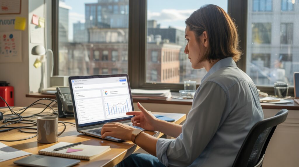 Scène réaliste d’un marketeur analysant les données de performance Google Ads sur son ordinateur dans un bureau moderne avec lumière naturelle et détails authentiques.