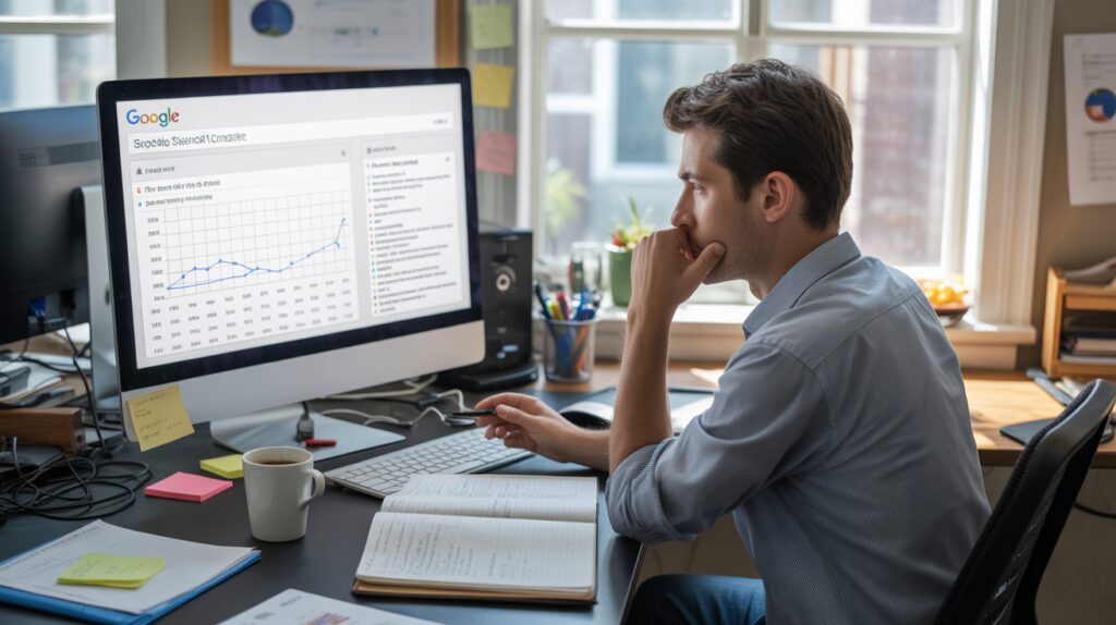 Scène réaliste d’un spécialiste SEO analysant des données Google dans un bureau moderne, avec lumière naturelle et détails authentiques.