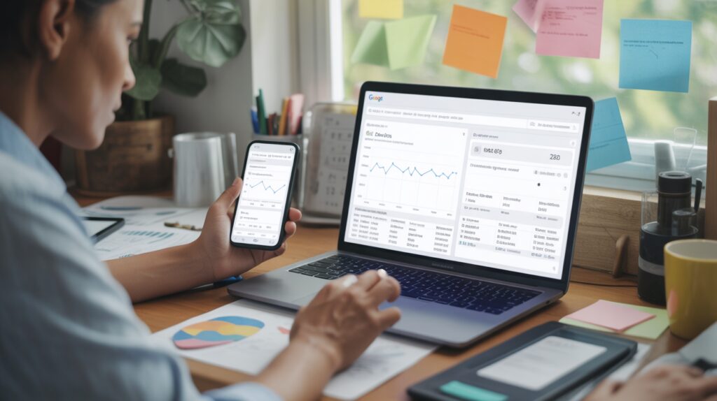 Scène réaliste d’un bureau moderne où un spécialiste marketing analyse un budget Google Ads sur un ordinateur portable avec graphiques et données.