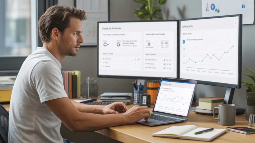 Scène réaliste d’un professionnel du marketing analysant deux écrans avec des données Google Ads et SEO dans un bureau naturel et authentique.