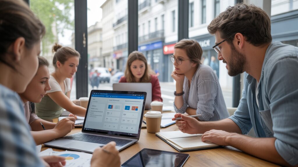 Scène réaliste d’adultes en formation marketing digital dans un espace de coworking lumineux, avec ordinateurs, documents et ambiance authentique.
