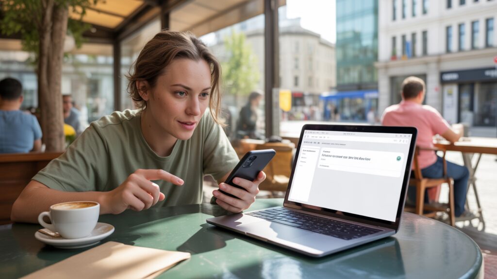 Personne utilisant des outils d’IA gratuits sur un ordinateur portable dans un café réel, avec une scène authentique et lumineuse.