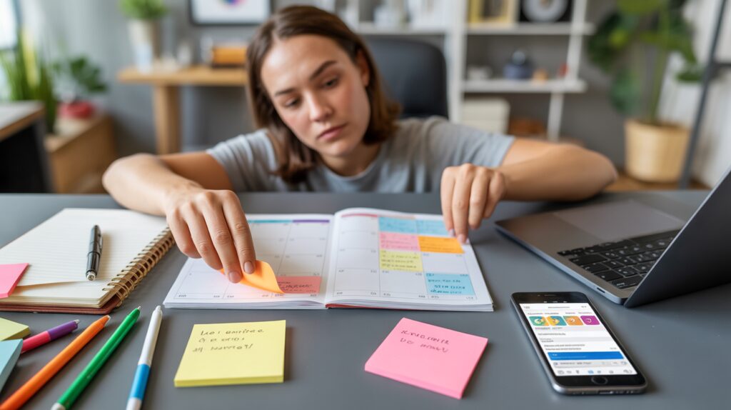 Scène réaliste d’un bureau où un gestionnaire social media organise un calendrier éditorial sur ordinateur et carnet, dans un environnement naturel et authentique.