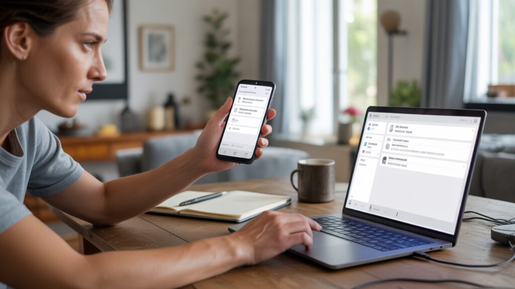 Personne utilisant ChatGPT sur smartphone et ordinateur portable dans un salon réel et lumineux, avec une ambiance naturelle et authentique.