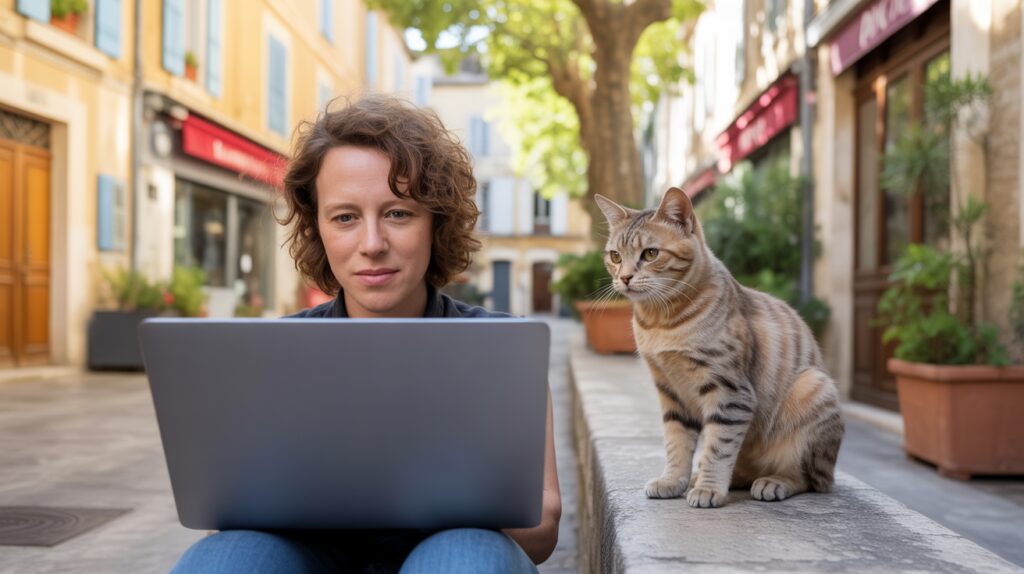 Un chat tigré assis sur un muret en pierre observe une personne utilisant un ordinateur portable dans une rue provençale ensoleillée, avec des bâtiments français authentiques et une atmosphère naturelle.