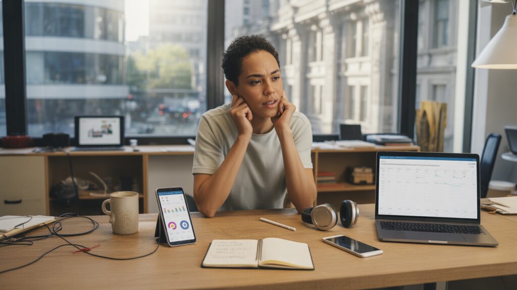 Scène réaliste d’un community manager en 2026 travaillant dans un espace de coworking avec ses outils numériques