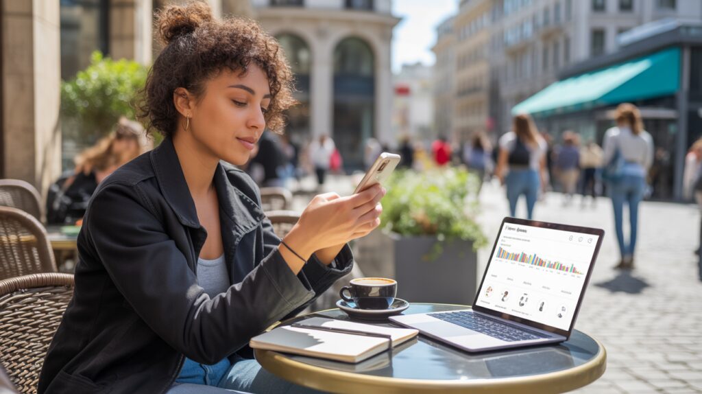 Créateur de contenu travaillant dans un café urbain en plein air pour créer du contenu Instagram, ambiance réaliste et naturelle.