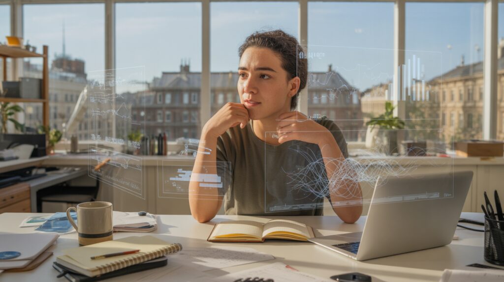 Scène réaliste d’un data scientist travaillant dans un bureau moderne avec des visualisations de données et des éléments de machine learning.