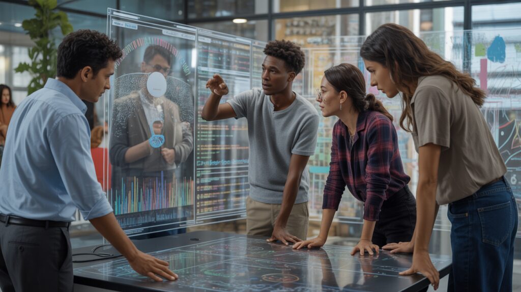 Scène réaliste d’une équipe marketing analysant des données prédictives sur un écran transparent moderne dans un bureau authentique.