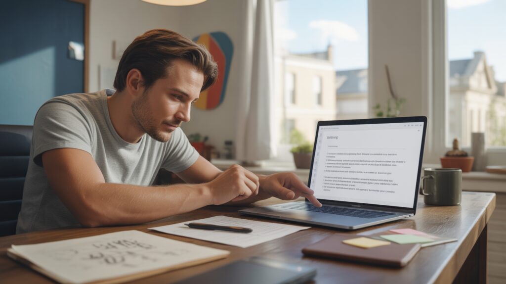 Scène réaliste d’un bureau moderne où une personne utilise une IA pour accélérer l’écriture, avec lumière naturelle et détails authentiques.