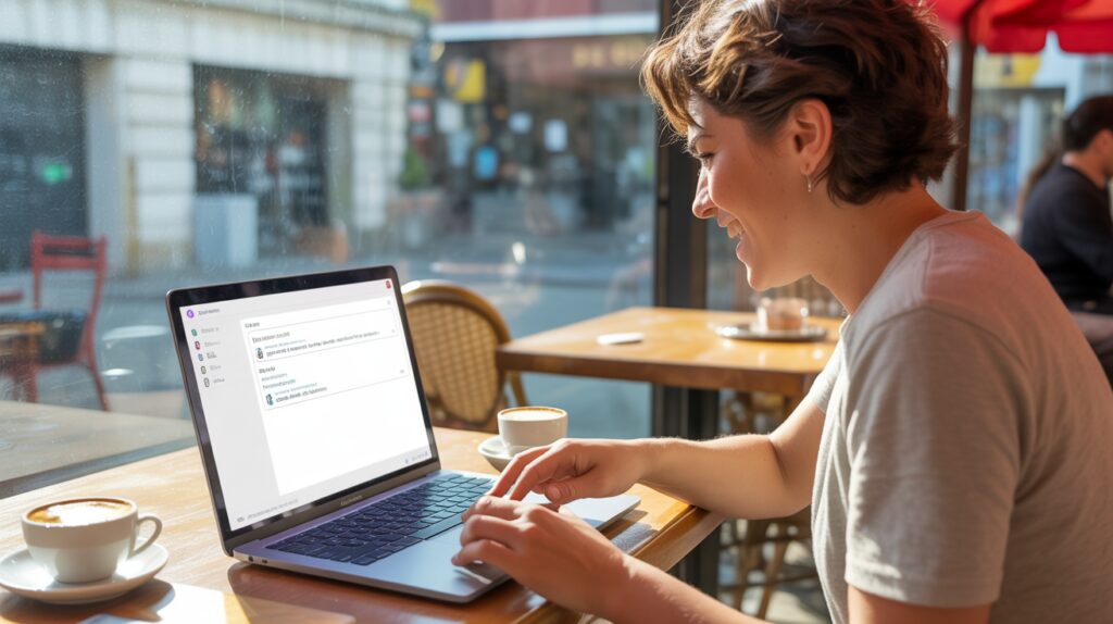 Personne dans un café français utilisant gratuitement une interface de chat IA sur un ordinateur portable, dans une scène réaliste et lumineuse.