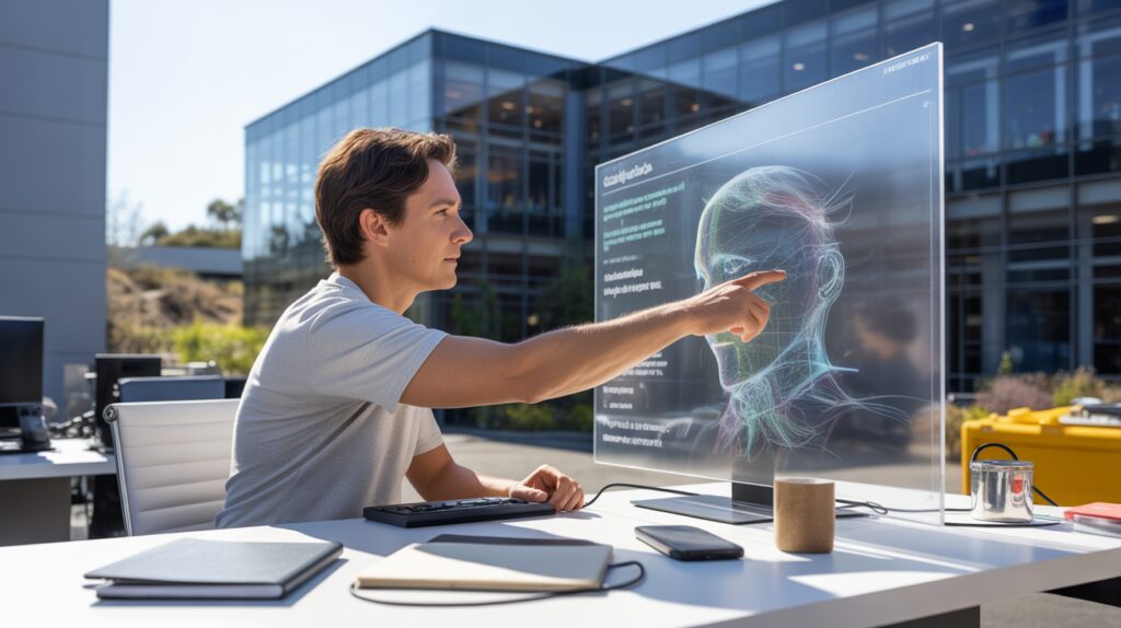 Scène réaliste sur le campus de Google montrant un ingénieur travaillant avec une interface d’IA avancée affichée sur un écran transparent, dans un environnement lumineux et naturel.