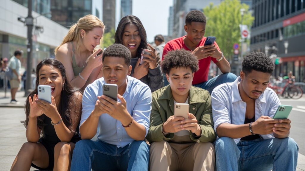 Jeunes adultes de la génération Z en 2026 utilisant leurs smartphones dans une scène urbaine réaliste et naturelle.