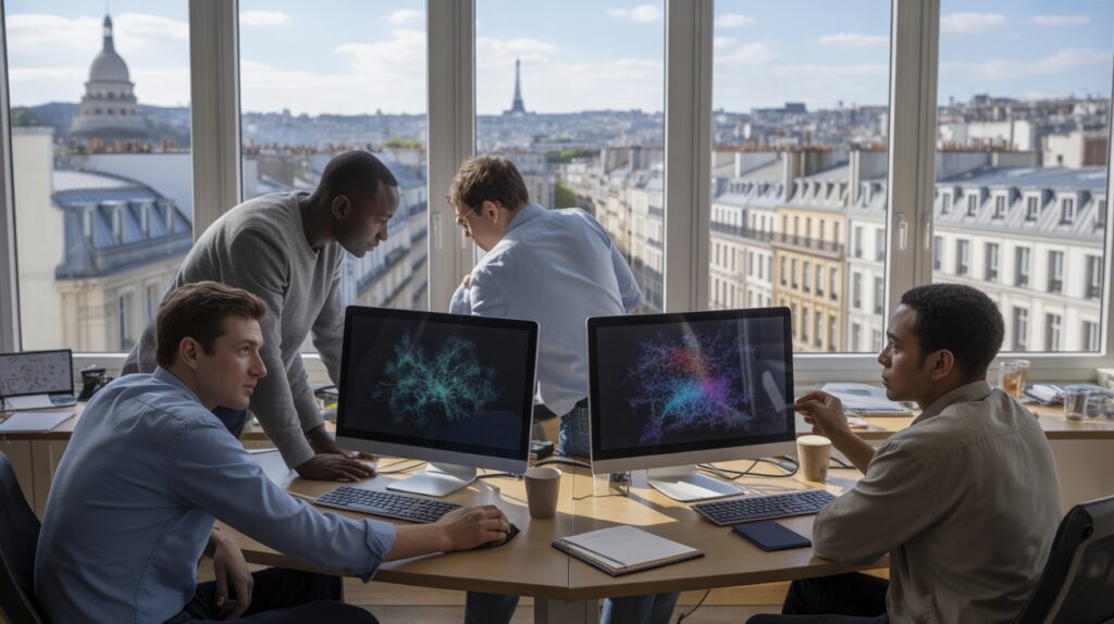 Scène réaliste dans un bureau parisien moderne où des ingénieurs français travaillent ensemble sur des projets d’intelligence artificielle, avec la ville de Paris visible par les fenêtres.