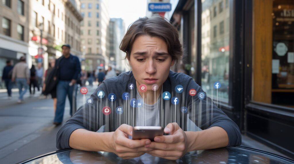 Scène réaliste d’une personne dans la rue consultant son smartphone avec des flux de données symboliques représentant les risques pour la vie privée.
