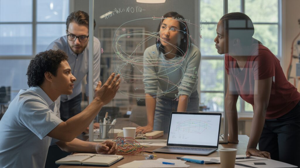 Scène réaliste de chercheurs collaborant autour d’un tableau en verre montrant des schémas simples de réseaux de neurones dans un bureau moderne éclairé naturellement.