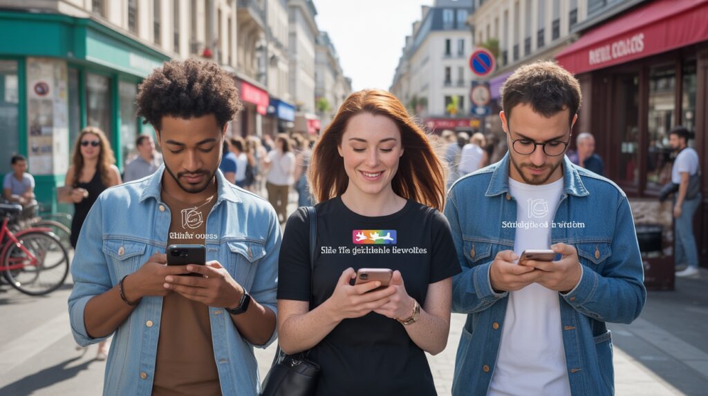 Scène urbaine française réaliste où des passants utilisent leur smartphone dans une rue animée, évoquant l’essor de nouvelles plateformes sociales locales.