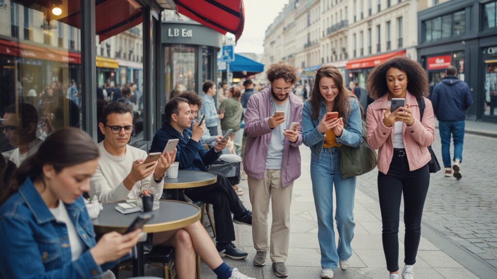 Scène de rue animée en France où des personnes utilisent naturellement leurs smartphones dans un environnement urbain réaliste.