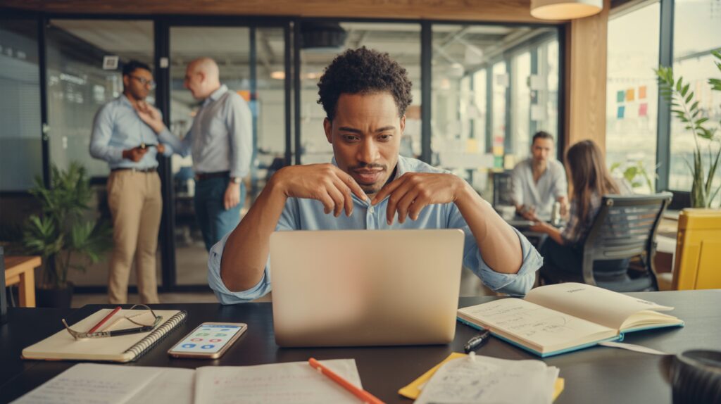 Scène réaliste d'un community manager travaillant dans un espace de coworking moderne, entouré d'éléments réels évoquant la gestion de communautés en ligne.