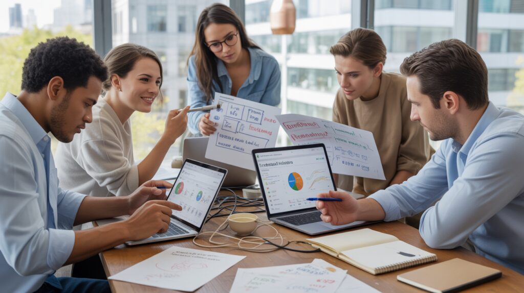 Équipe marketing réelle travaillant autour d'une table avec ordinateurs, notes et lumière naturelle dans un bureau moderne, ambiance authentique et collaborative.