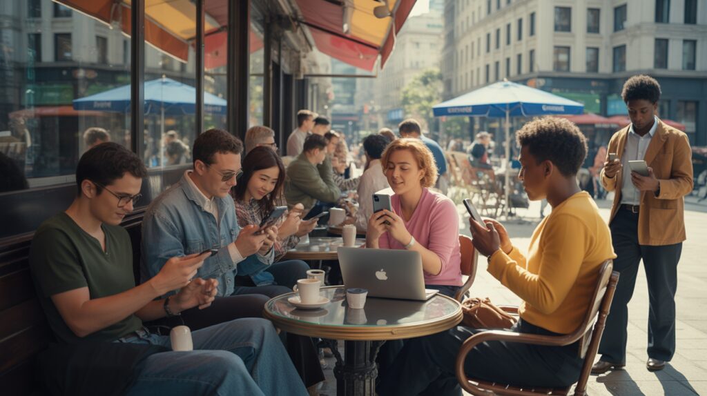 Scène urbaine réaliste montrant des personnes diverses interagissant avec leurs appareils dans un café et une place animée, illustrant l’univers des réseaux sociaux en 2026.