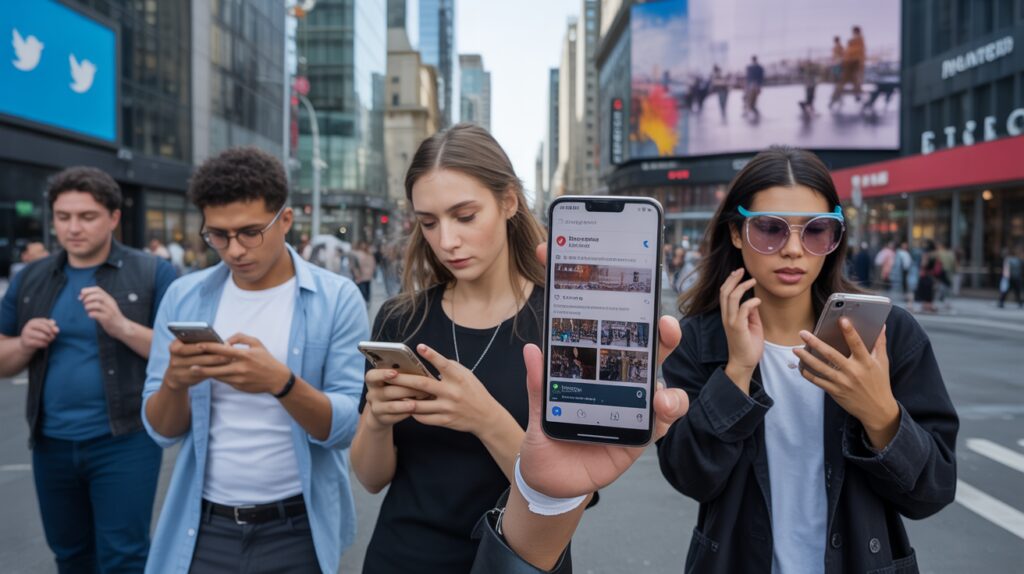 Scène urbaine réaliste montrant des personnes utilisant naturellement leurs smartphones avec des éléments subtils rappelant l’univers d’X Twitter en 2026.