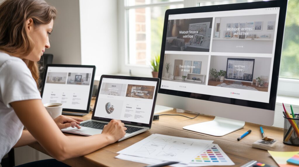 Espace de travail réaliste d’un designer comparant plusieurs mises en page de sites web sur différents appareils.