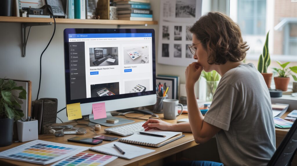 Scène réaliste d’un designer web examinant des thèmes WordPress premium dans un bureau moderne avec objets du quotidien et ambiance authentique.
